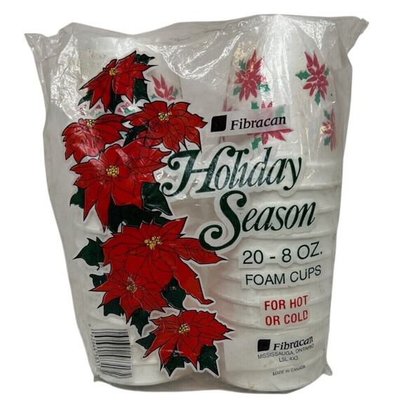 Vintage 90's Styrocup Styrofoam Holiday Holly Print Coffee Cups 8 0z. Pack Of 19 - Picture 1 of 5
